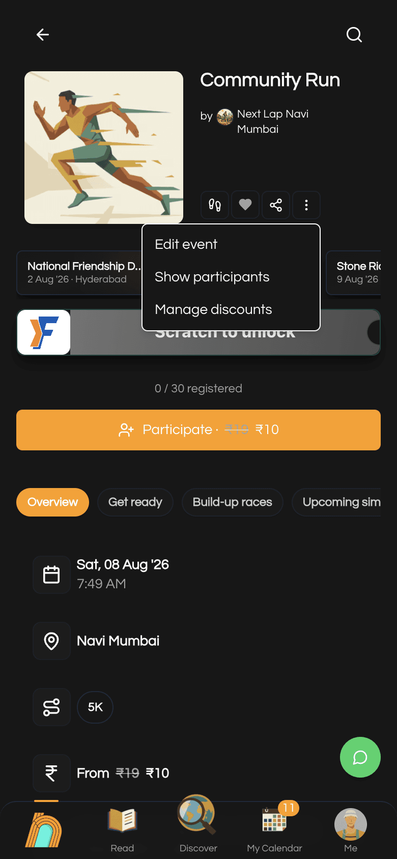 Event admin menu with Show participants option